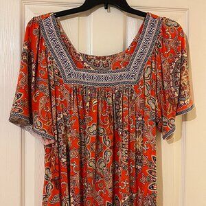 Women's Blouse Orange Paisley w/Blue Accents, Square Neck 18-20 (Cato Brand)
